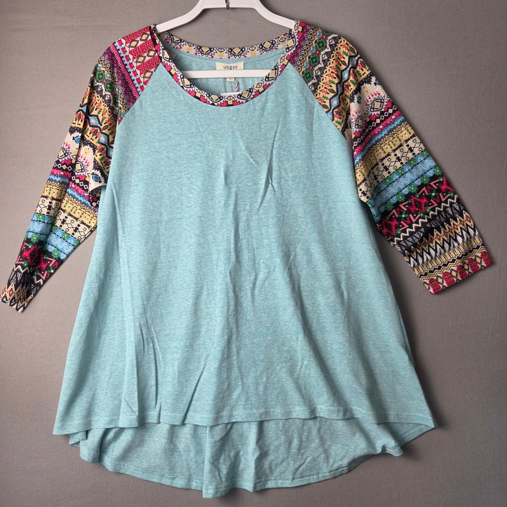 Umgee Womens M Aqua Blue Aztec Tribal Print Raglan 3/4 Sleeve High Low Tunic Top